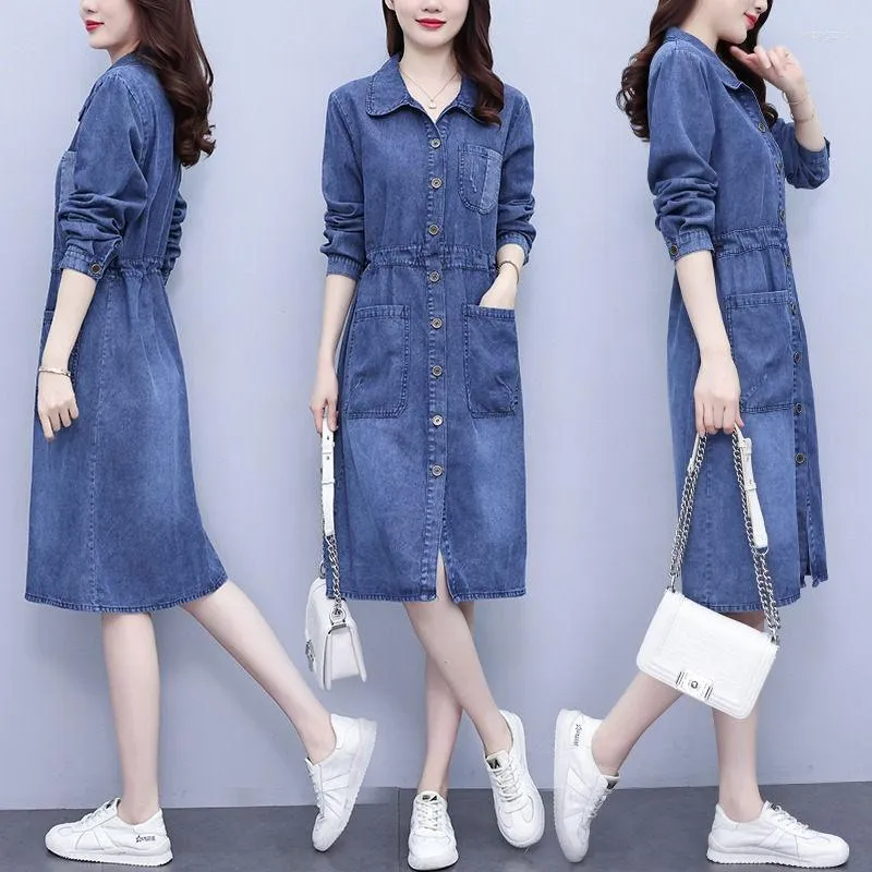 Abiti casual Abito in denim da donna di grandi dimensioni 2023 Autunno Moda manica lunga Colletto rovesciato Vintage Trendy Jenas Vestidos T075