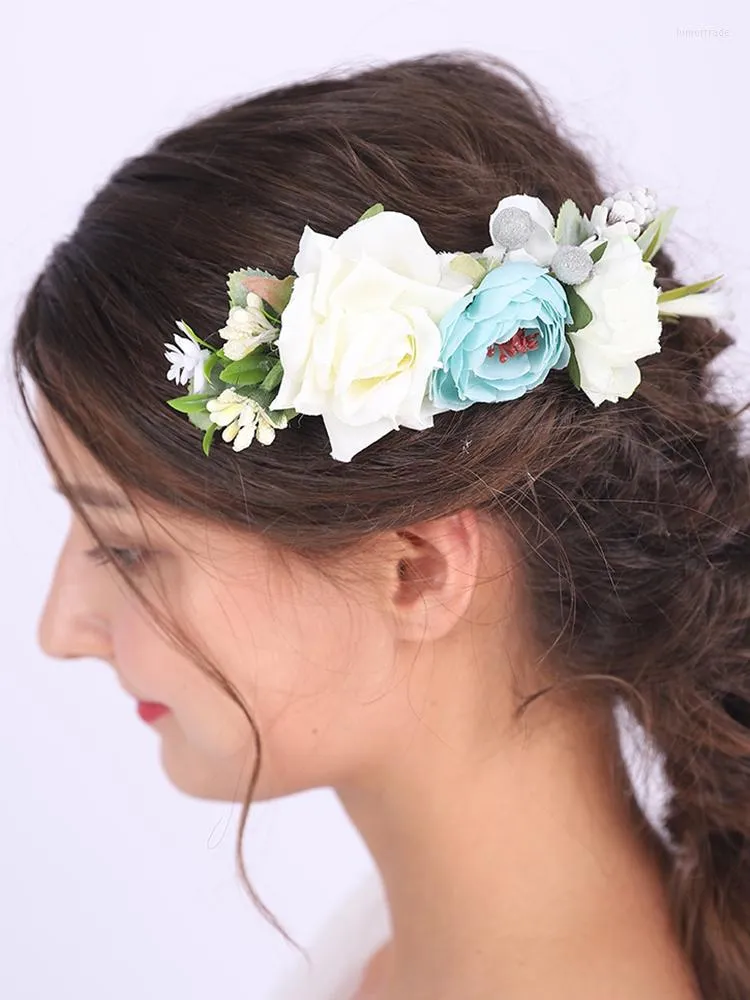 Coiffes bleu et blanc fleur peigne à cheveux mariage mariée casque bois Banquet ornement belles épingles pour femmes ou fille
