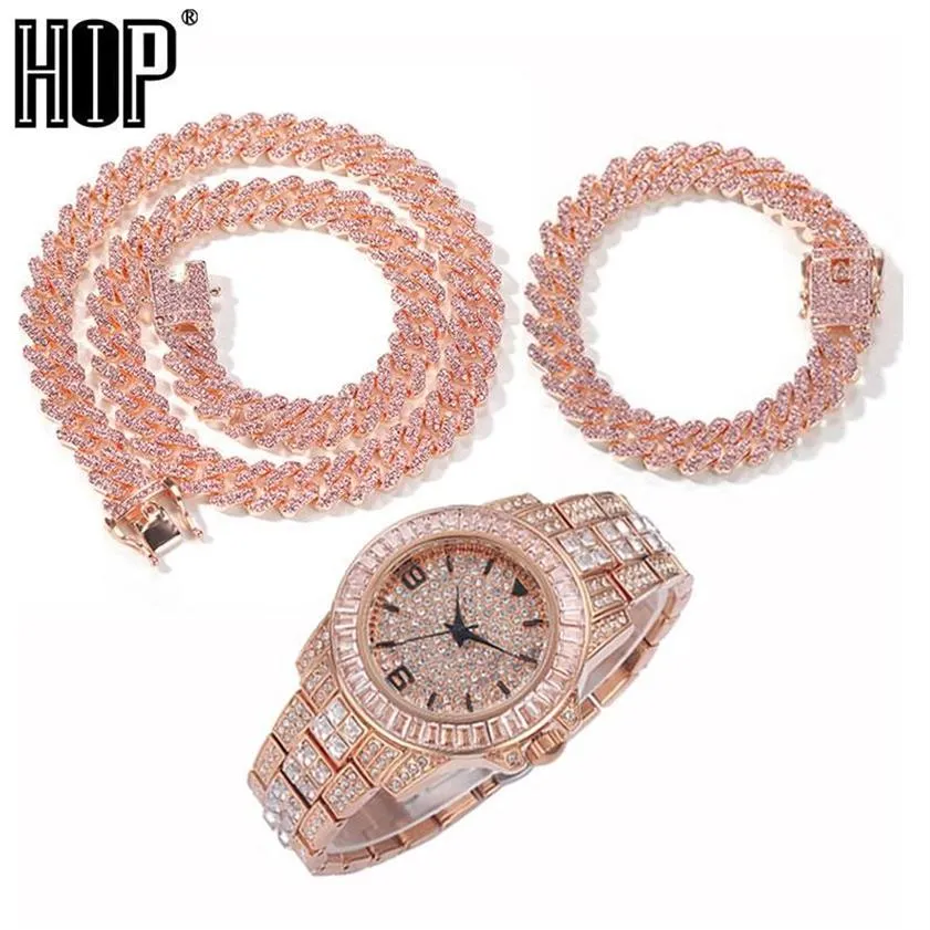 Hip Hop Baguette Montre Colliers Bracelet 12MM Glacé Pavé Rose Strass Miami Prong Chaîne Cubaine Pour Femmes Hommes Bijoux Chai305z