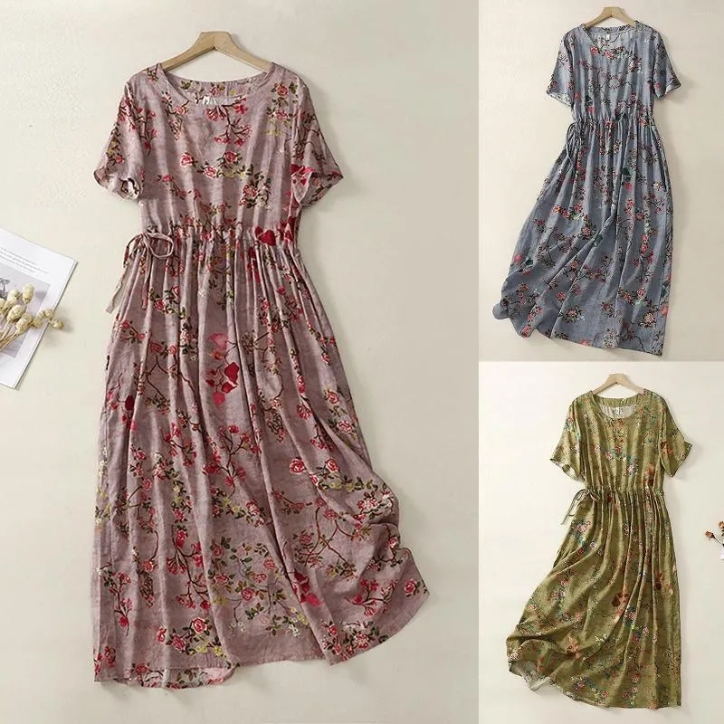 Casual Dresses 2023 Spring and Summer Bohemian Short Sleeve Laceup Loose Print Dress Long For Women Tunika