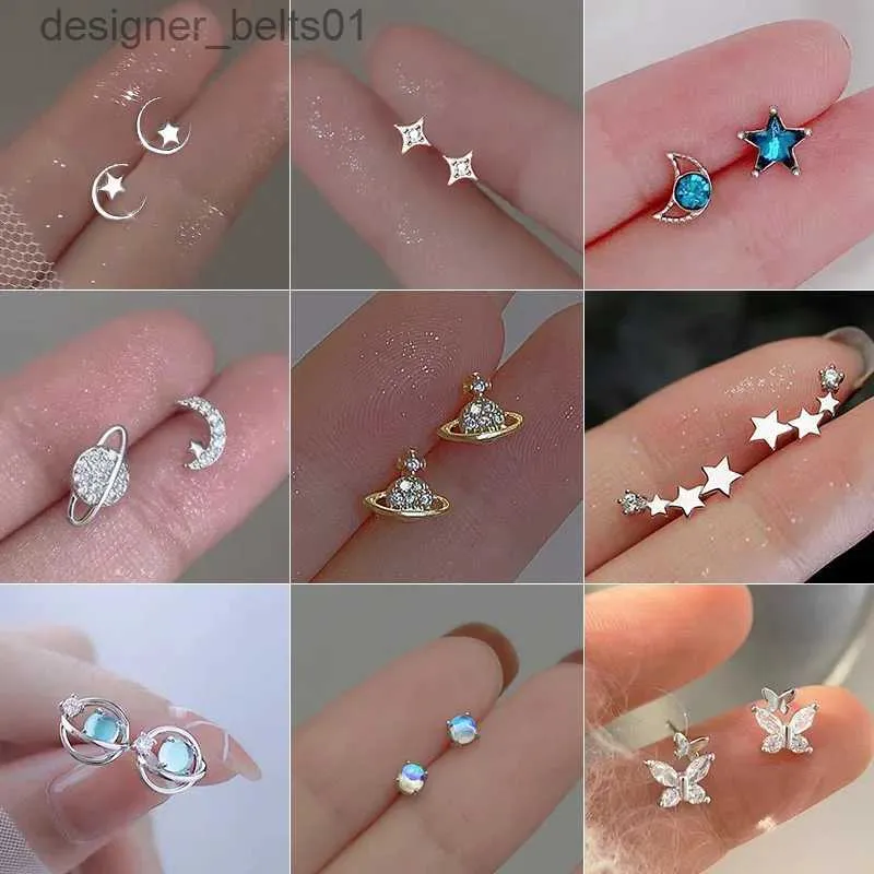 Stud Trendy Planet Brincos Prata Cor Piercing para Mulheres Moon Star Crystal Zircon Ear Stud Brincos Tragus Cartilagem Body JewelryL231117