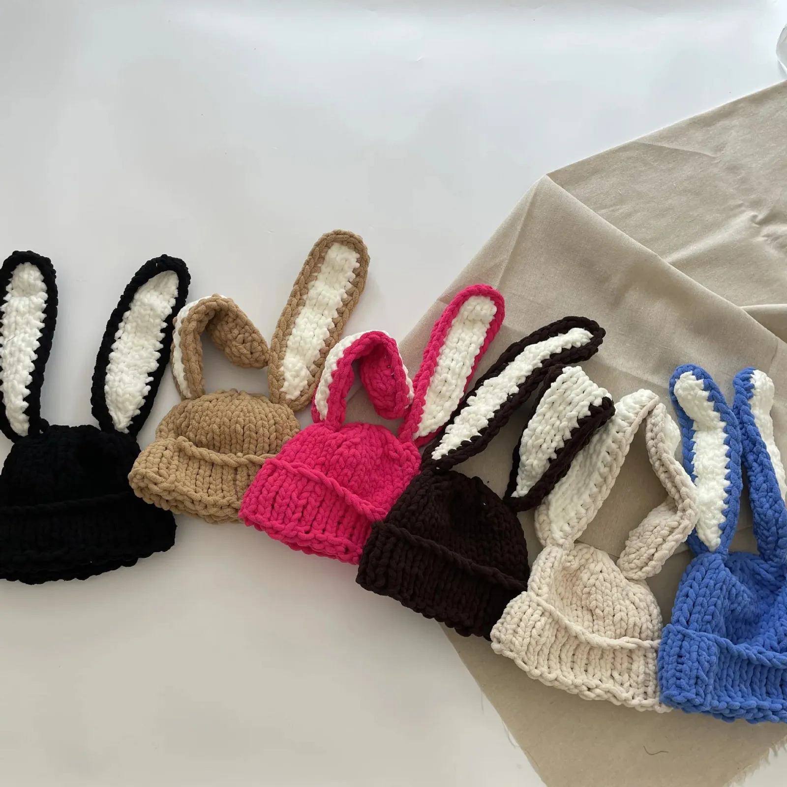 Kaps hattar Autumn Kids Knit Bunny Hat With Long Rabbit Ear Cute Baby Rabbit Baby Hat Kids Handgjorda ullhatt för Girls Boys 231115