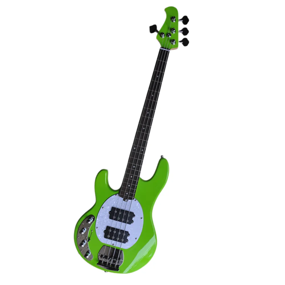 Guitare basse électrique vert brillant à 4 cordes pour gaucher avec logo d'offre de matériel chromé / personnalisation de la couleur