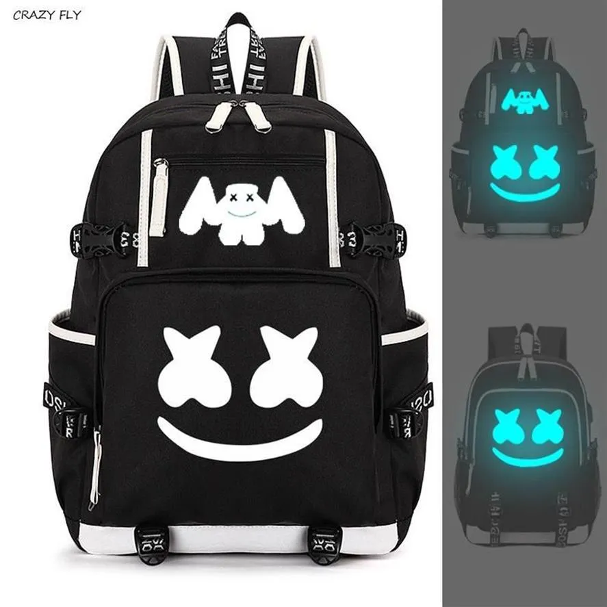 Marshmello Luminous USB laptop plecaki American Mystery Dj Student School Bag dla nastolatków mężczyzn Kobiet Dziewczęta chłopcy torby książki New3221