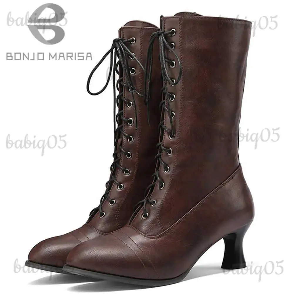 Botas femininas vitorianas estilo punk moderno dedo do pé redondo rendas até baixo meados de salto estranho moda meados de bezerro botas ocidentais sapatos mulher 2022 novo t231117