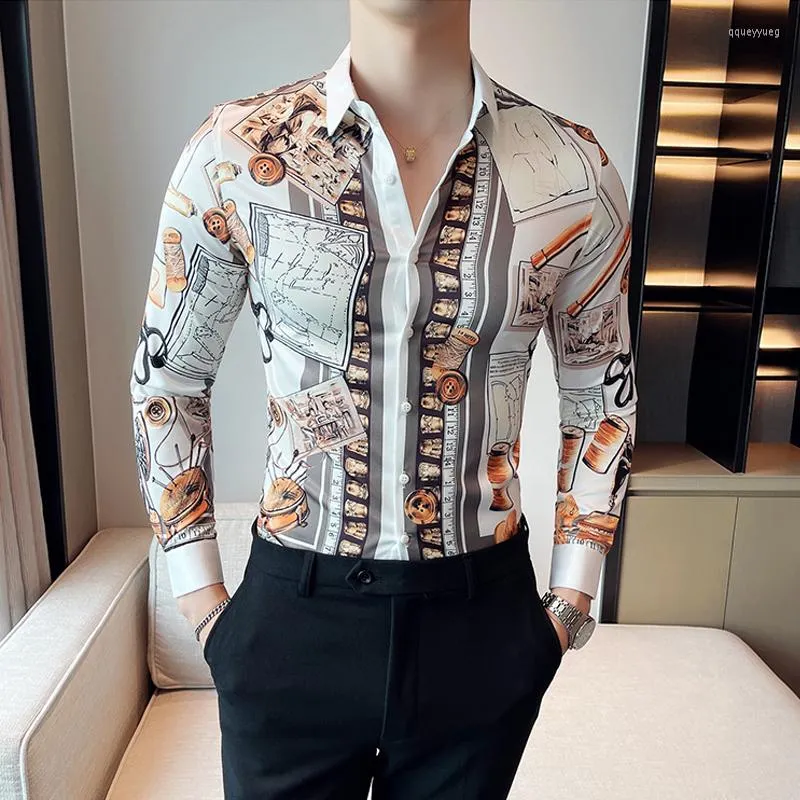 Herren Freizeithemden High-End-Druckhemd Herren Luxus Slim Fit Prom Nachtclub Chemise Homme M-4XL Langarm Seide Koreanisch Herren Formal