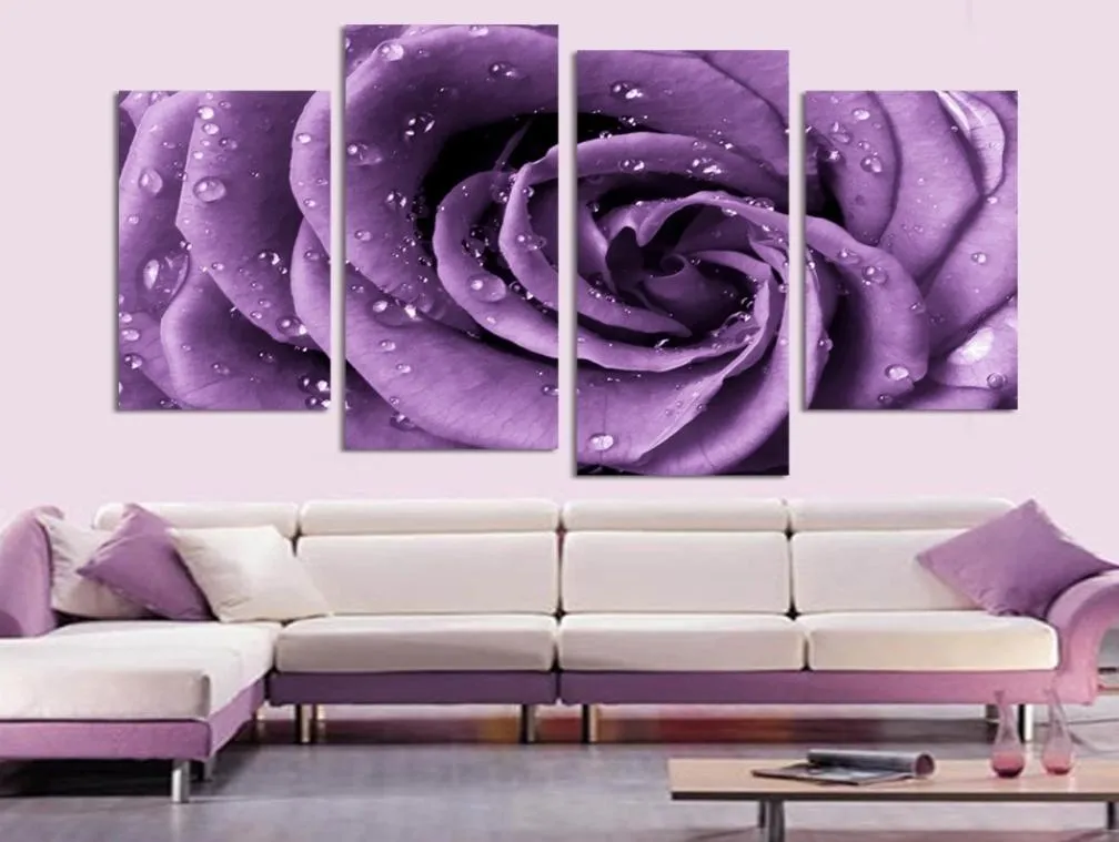 4 pièces moderne famille el chambre mur Art décoration photo romantique violet Rose HD impression sur toile peinture décorative 5192252