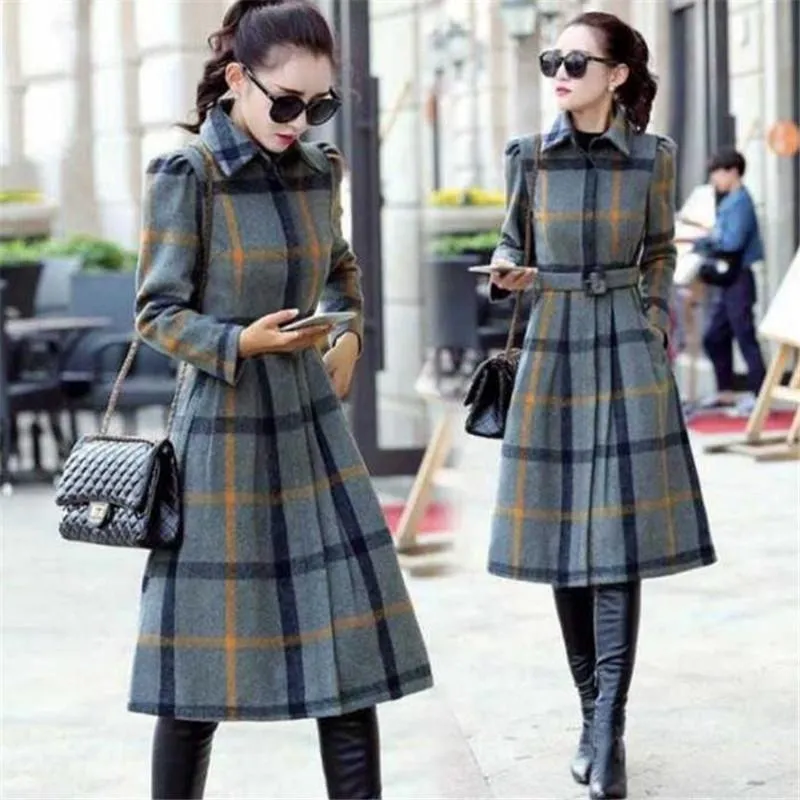 Dameswol Blends Fashion Classic Ol Style Fall Winter Plaid Trenched Trench Coat Single-Breasted Long Sleeve Overcoat For Women 3XL Plus