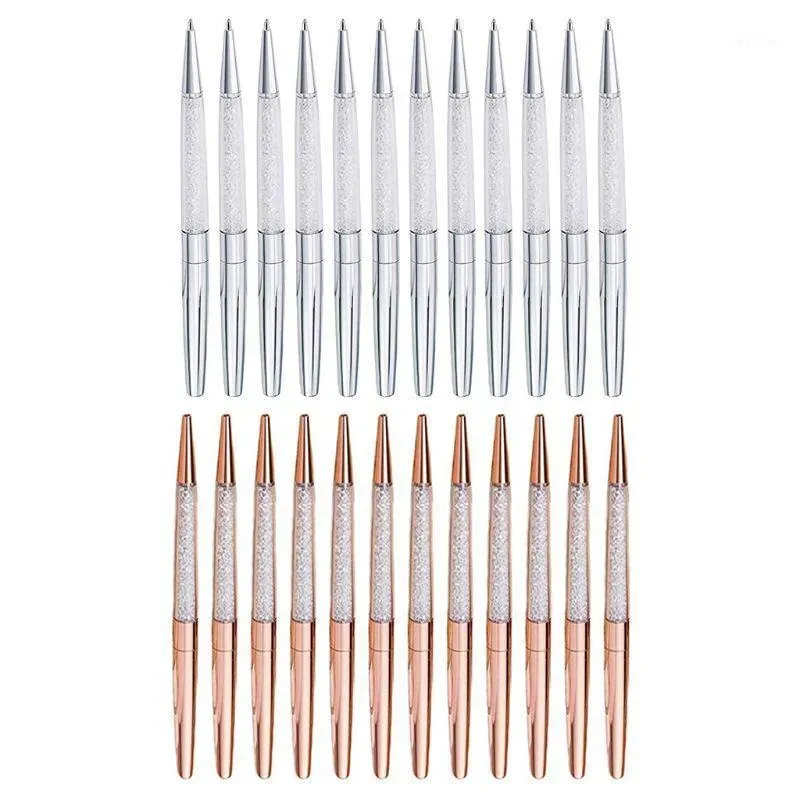 wholesale 12Pcs/Lot Rose Gold /Silver Pen Fine Black Ink Crystal Ballpoint Ring Wedding Office Metal Roller Ball Gi1Ballpoint Pens