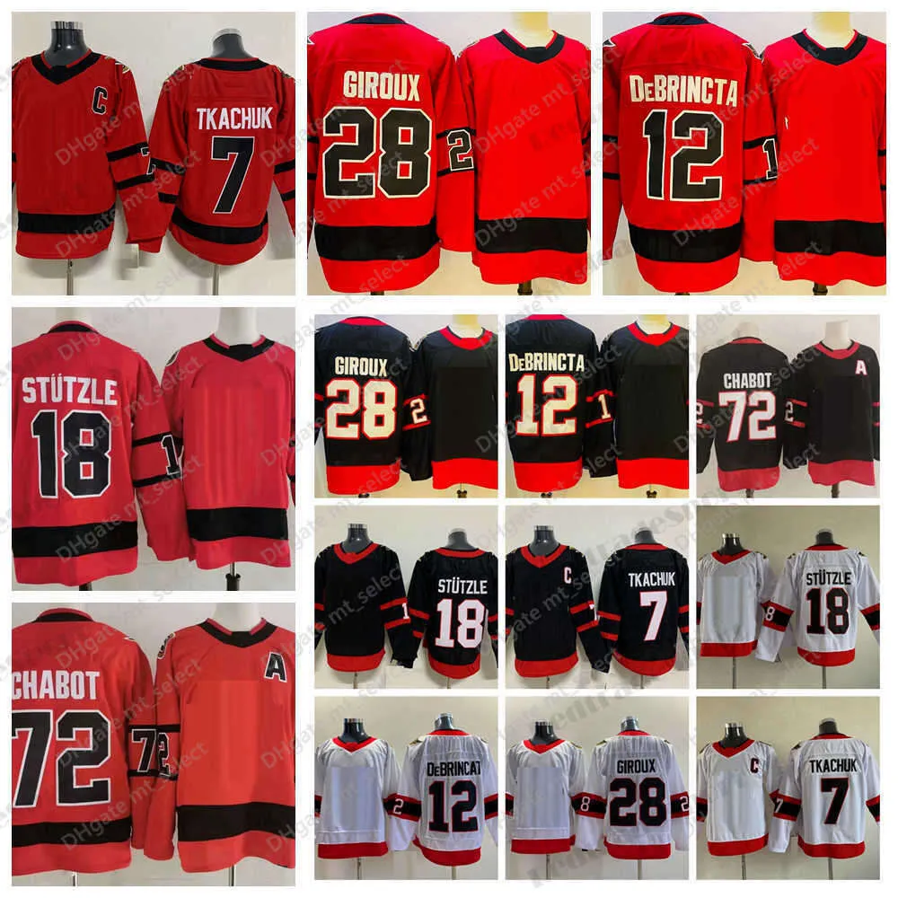 Mens 2021 Reverse Retro Hockey''nhl '' tröjor 12 Alex debrincat 28 Claude Giroux 7 Brady Tkachuk 72 Thomas Chabot Red Home Black 18 Tim Stutzle