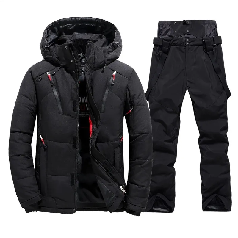 Combinaisons de ski Combinaison de Ski thermique d'hiver hommes coupe-vent Ski doudoune et bavoirs pantalon ensemble mâle neige Costume Snowboard porter salopette 231116