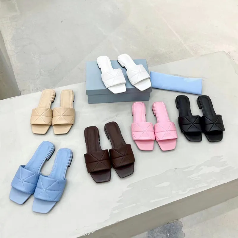 Designer New Women's Slippers Square Flat Sandals Summer Leather Flats Comfort Shoes Walking Shoes Seaside Flip-Flops 35-43 With Box