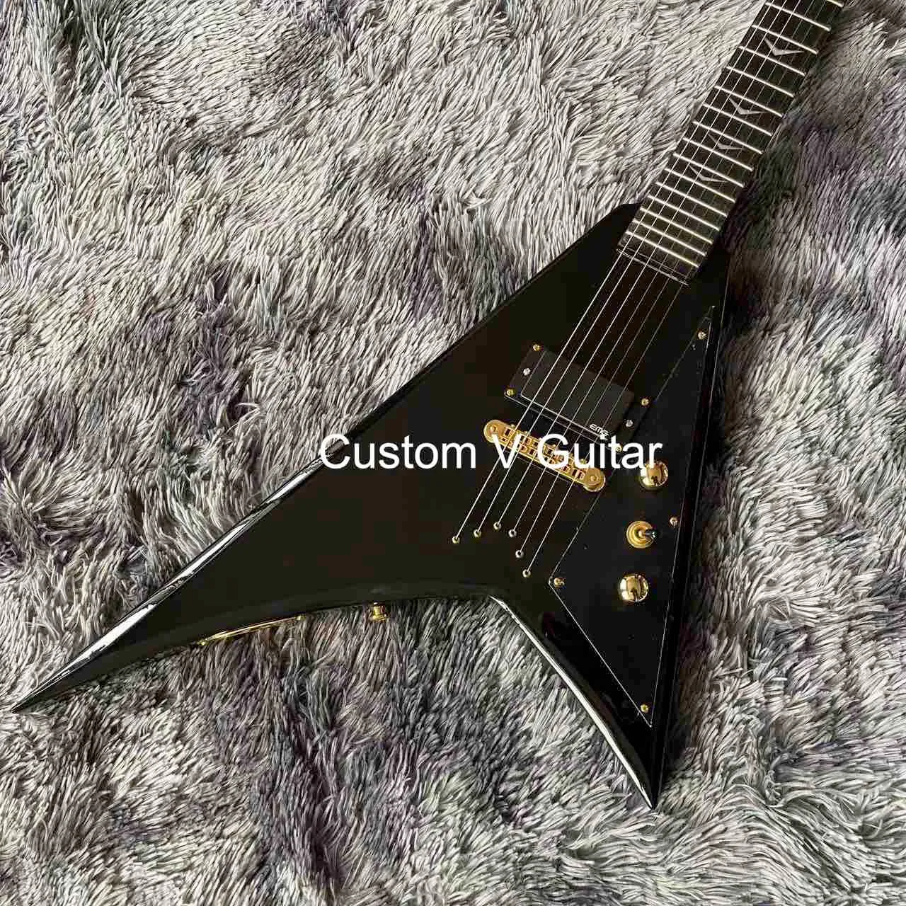 Custom V Shaped Black Electric Guitar With Irregular Shape