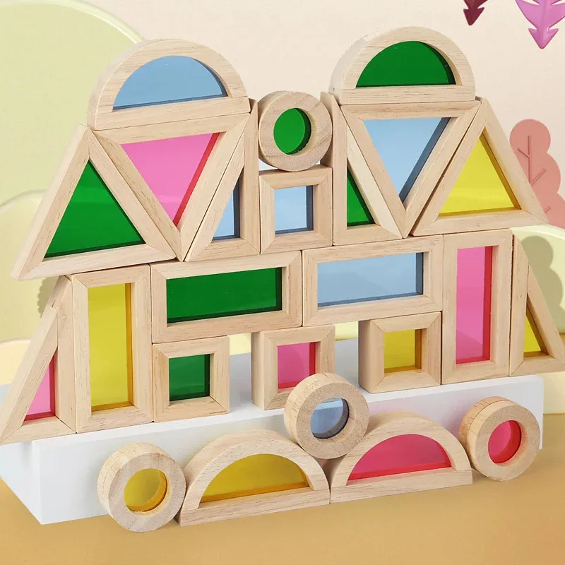 Montessori Rainbow Mirror Wooden Stacking Building Blocks Educational Sensory Toy For
