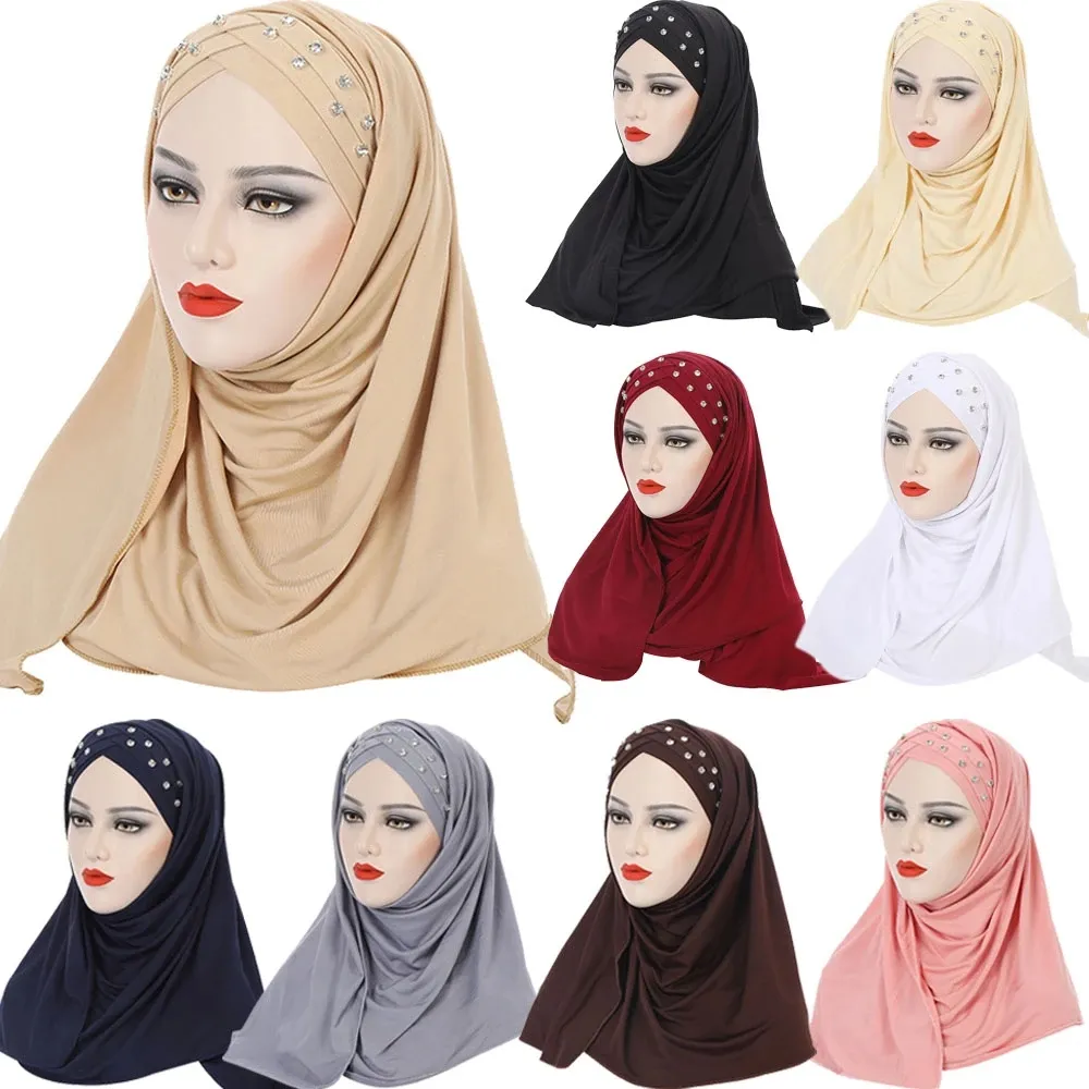 Trek aan klaar instant sjaal moslimvrouwen kruis diamanten hijabs hijabs hijabs amira cap tulband headwrap sjaal femme islam solide kleur