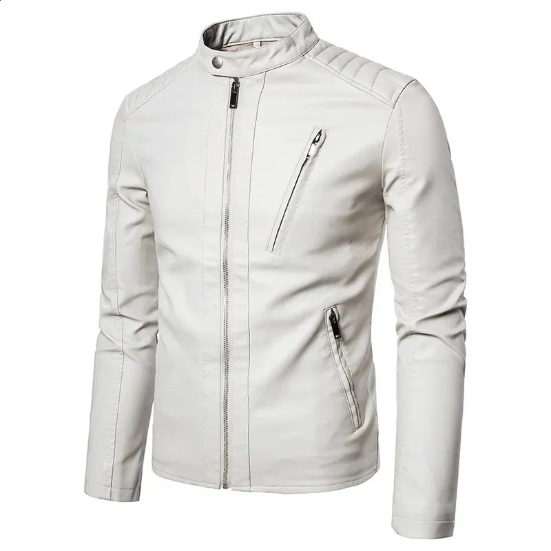 Jaquetas masculinas primavera outono motocicleta jaqueta de couro sólido gola moda casual tendência branco casaco à prova de vento streetwear 231116