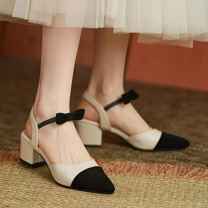 Sandaler god kvalitet handgjorda pu läder märke designer skor med bågkvinnor blandar färg fyrkantiga höga klackar beige naken stängd tå