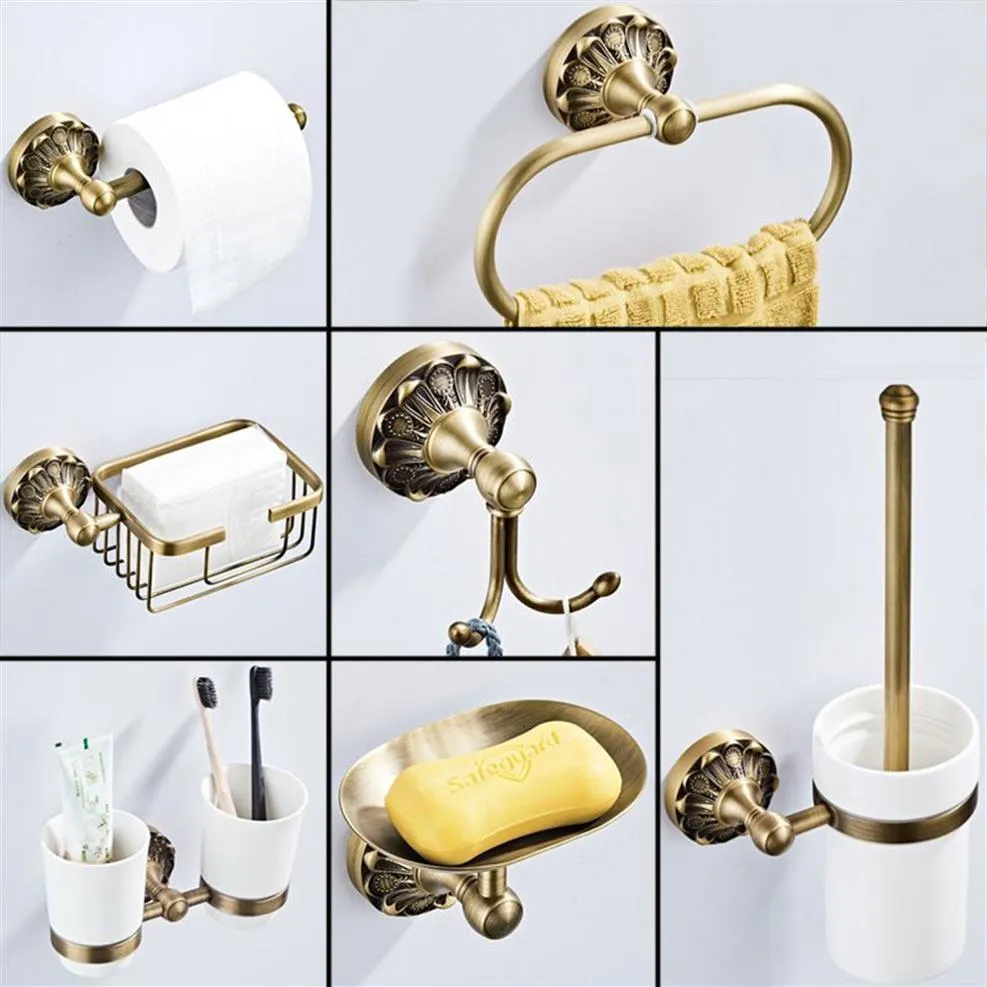 Set di accessori per il bagno antichi Portarotolo di carta igienica in bronzo Portasapone per doccia Porta accappatoio Porta scopino per WC Anello per asciugamani288E