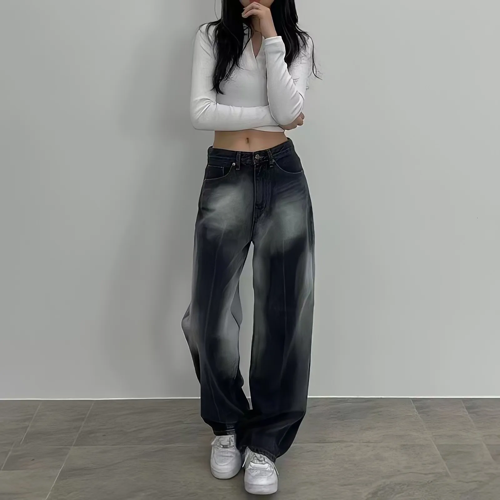 Damesjeans Black High Tailed Jeans Women American Style Vintage 90s Baggy Y2K Streetwear Summer Ins Koreaanse mode Wijd been denim broek 230417