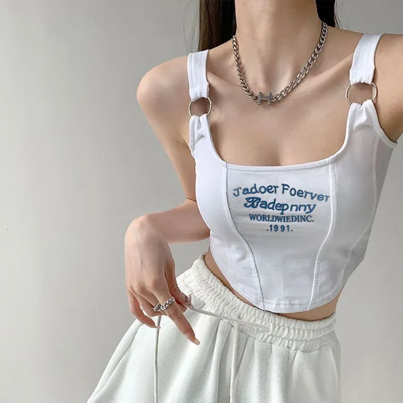 Women s Tanks Camis Y2k Top Letter Print Short Tank Irregular Crop Buckle Vest Boob Tube Embroidery Suspenders With Bra 230417