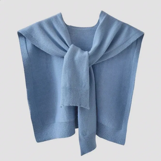 Chales Primavera Otoño Hombro de punto coreano Nudo de mujer Color sólido con aire acondicionado Mantón pequeño para proteger el cuello Azul 231116