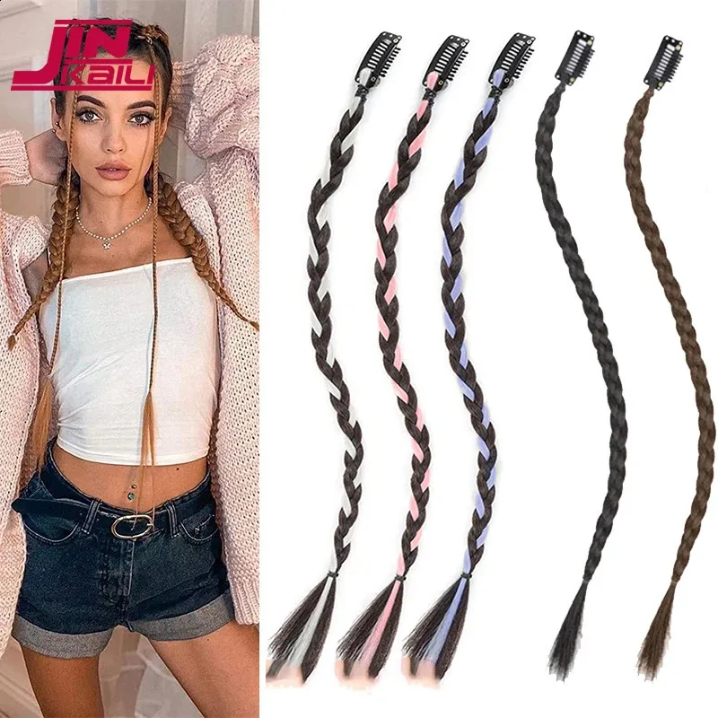 Ponytails JINKAILI 4 Pcs Synthetic Long Braiding Braid Clip in Hair Extensions Mixed Pink Gray Blue Tail Braids Hairpiece 18 Inch 231116