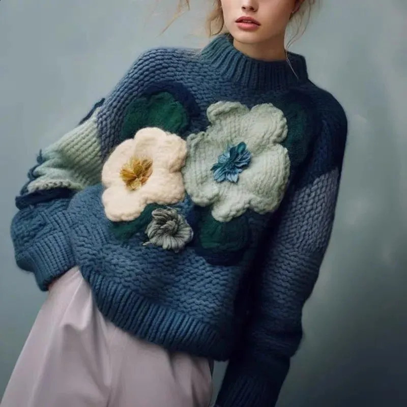 Suéteres 4xl 4xl Vintage 3D Flor tricotado Elegante e avançado Feminino de inverno solto Plus Tamanho Mulheres roupas 231116
