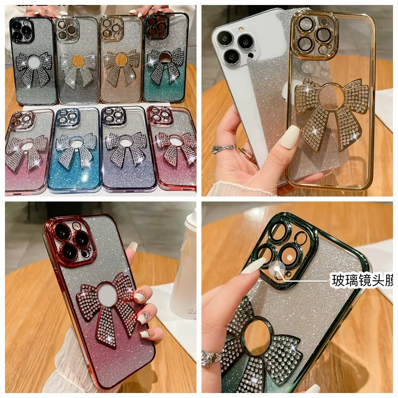 Bowknot Bling Gradient Glitter Plated Falls för iPhone 15 14 Plus 13 12 11 Pro Max Luxury Bow Diamond Chromed Clear Soft TPU Camera Lens Protector Fine Hole Phone Cover