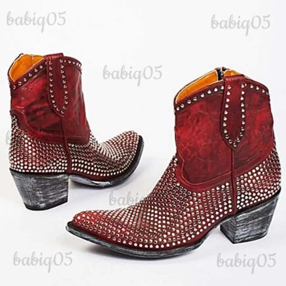 Boots BONJOMARISA Brand Vintage Cool Cowboy Western Boots Woman Slip On Metal Chunky Heel Punk Walking Work Ridding Boots Ladies T231117