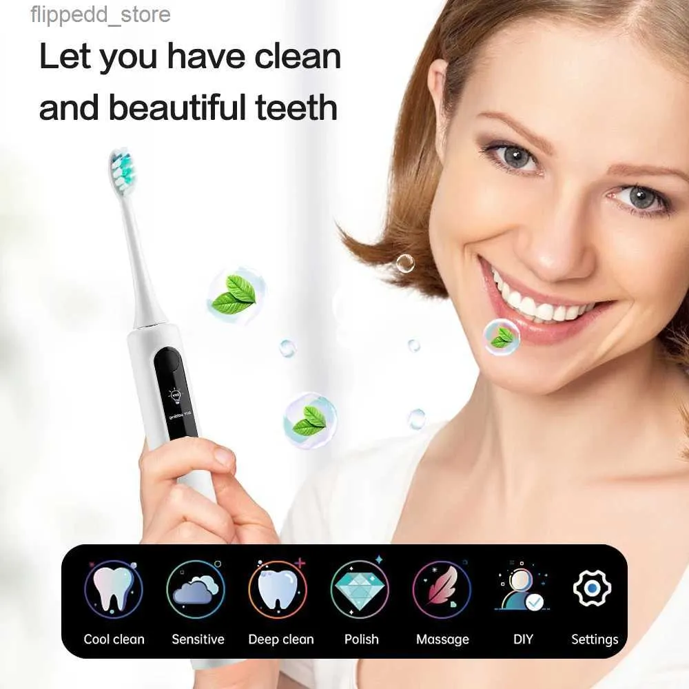 Escova de dentes inteligente LCD DIY Sonic escova de dentes elétrica temporizador personalizado 5 modos USB escova de dentes vibração à prova d'água branqueamento de dentes cuidados bucais Q231117