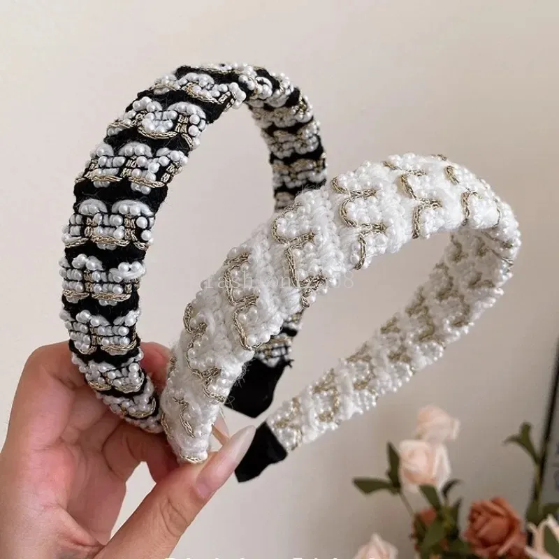 French Style Tweed Pearls Headband Hair Hoop for Women White  display picture 3
