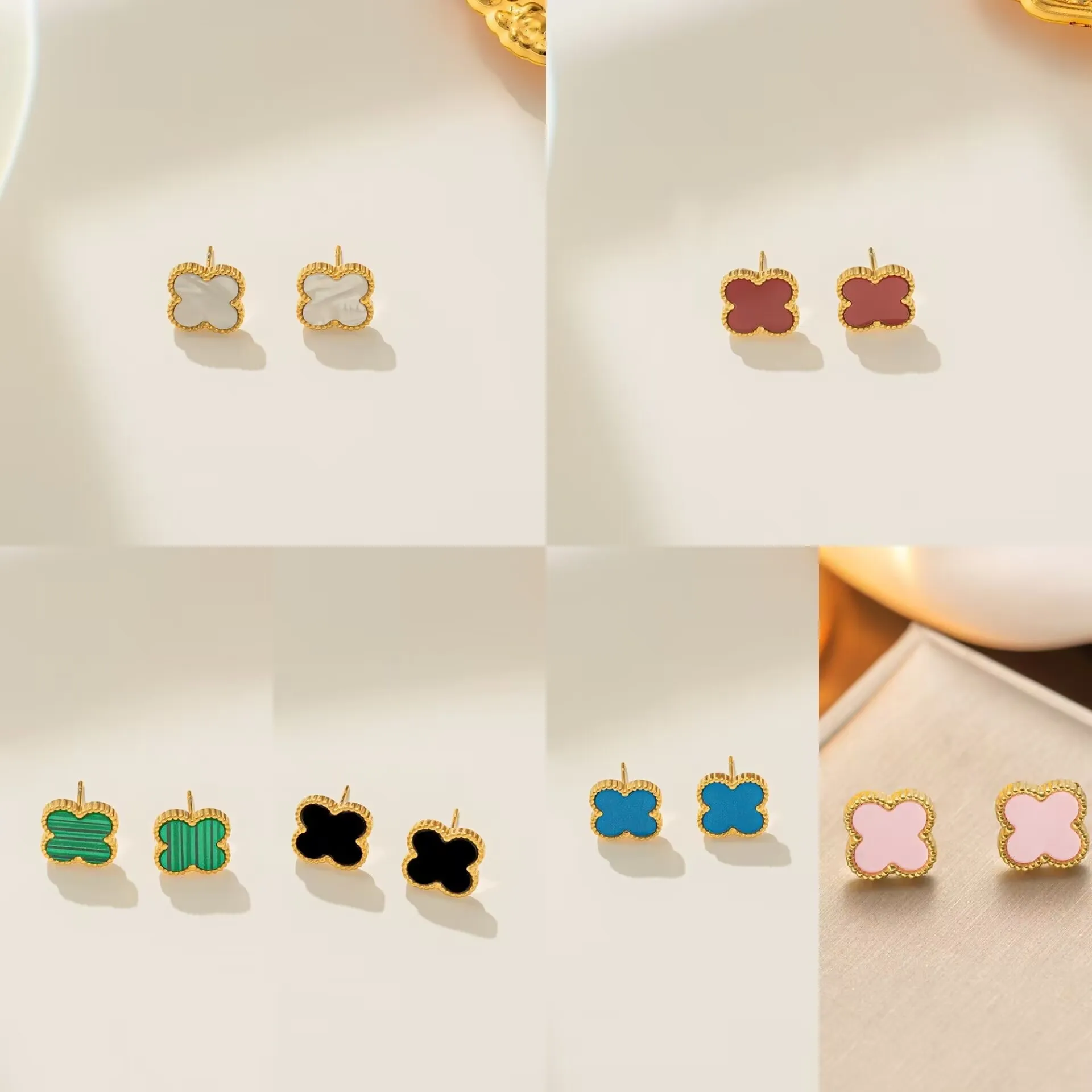 Designers Vans Cleefy Jewelry Vintage 4/Four Vanly Cleefity Leaf Clover Stud örhängen Back Mother of Pevearl 18k Gold Plated Agate for Women Girls Wedding