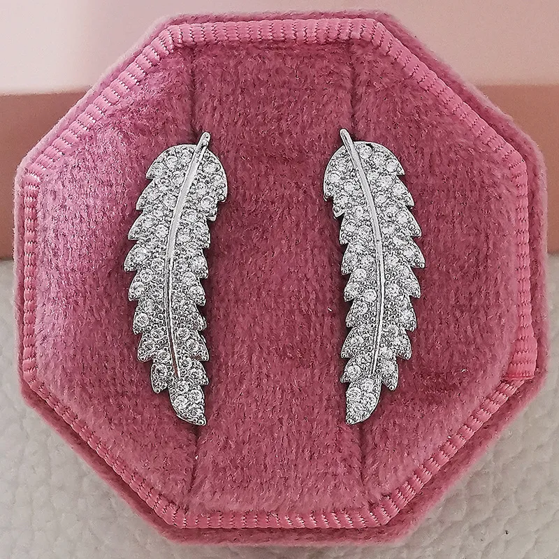 Feather Diamond Stud Earring 925 sterling silver Jewelry Engagement Wedding Earrings for Women Bridal Charm Promise Gift