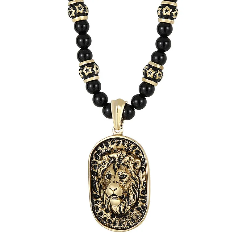 Mens Black Glass Ball Necklace Biker Lion Tag Pendant Long Necklace Sweater Chain For Women Male 8mm 28inch Golden/ Silver/ Vintage Holidays, Parties, Father's Day