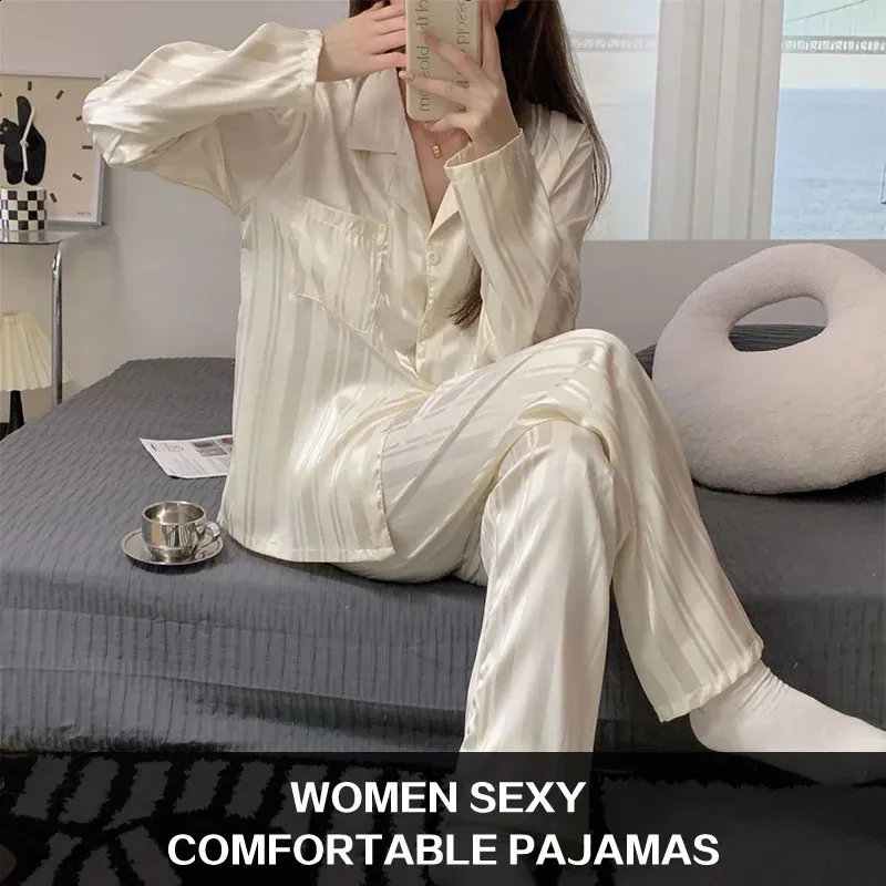Pyjama Femme En Soie Synthétique - Imprimé Floral, Manches Longues, Ample, Grande Taille, Pour Détente Printemps/automne
