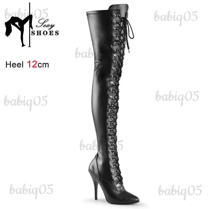 Boots Strip Over-the-Knee Boots Black High Heels Thigh High Boots Sexy T Show Women's High Boots Vintage Boots 12CM/5Inchs Thin Heels T231117