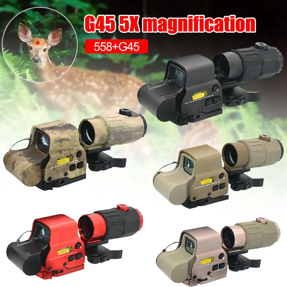 Tactical G45 5X Magnifier with 558 Red Green Dot Scope Combo Holographic Hybrid Sight Switch to Side QD Mount for Hunting Rifle