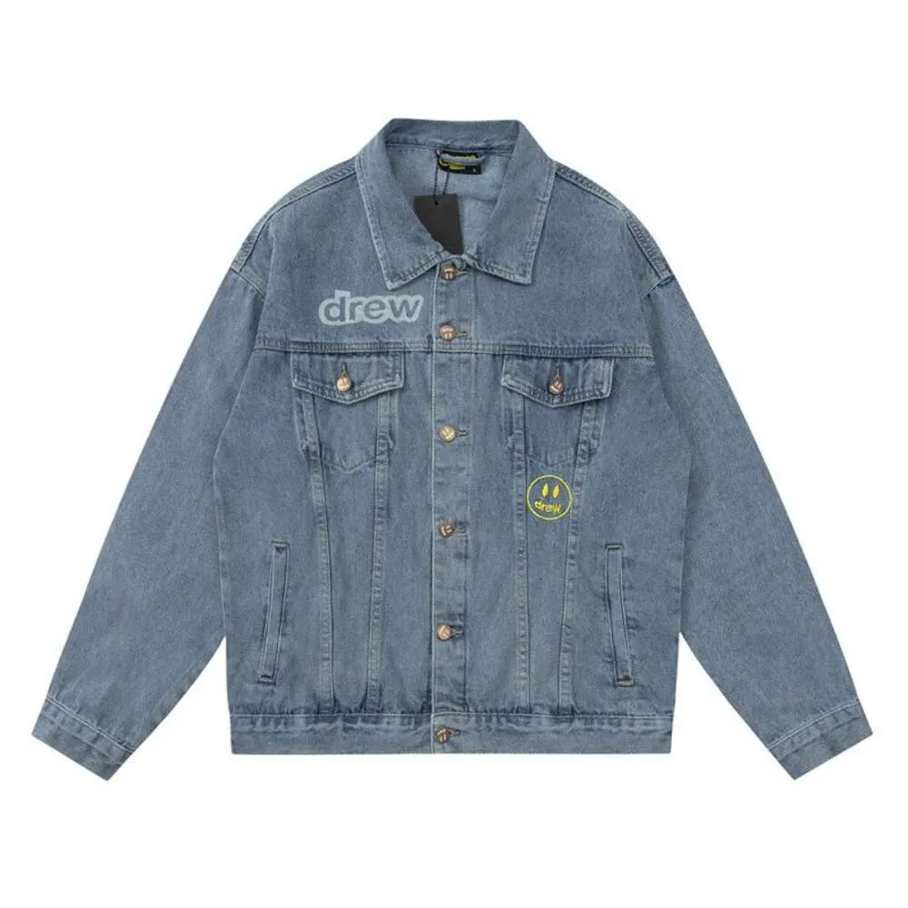 Washed Drew Smiley Denim Jackets - Unisex Loose Casual