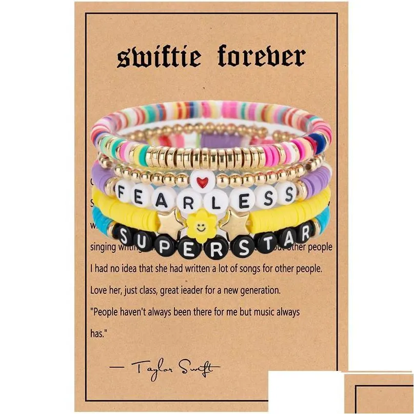 Bärade pärlor 5st Swiftie Friendship Armband Set Taylor Music Surfer Heishi Beads Strands Flower Heart Star Letter Charm Stackab DH DH7WY