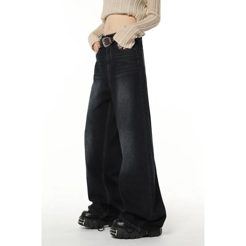 Womens Jeans Navy Blue High Waist Women American Fashion Vintage Streetwear Style Wide Leg Jean Female Denim Trouser Baggy Pants 230417