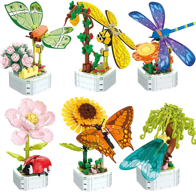 Other Toys DIY Butterfly Insect Potted Plant Bonsai Flower Block Rose Decoration Mini Building Block Figure Plastic Toy Gift Kids Girls 231116