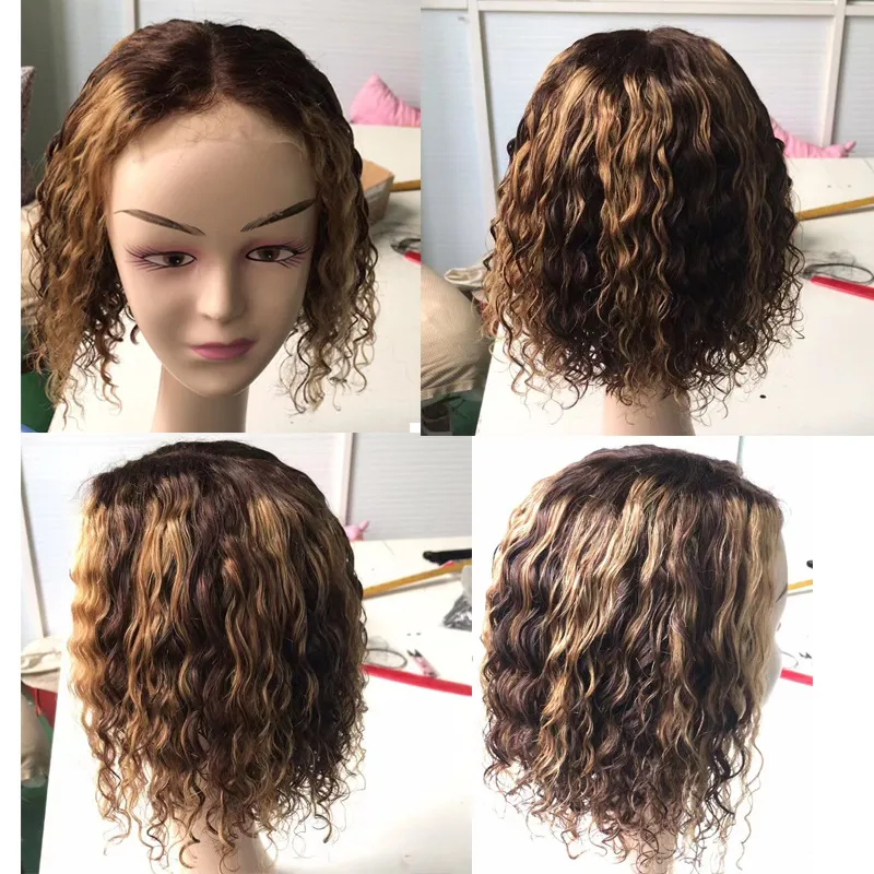 Brazilian Human Hair 4X4 Lace Closure Bob Wig P4/27 Piano Color Kinky Curly 4X4X1 Wigs 10-16inch