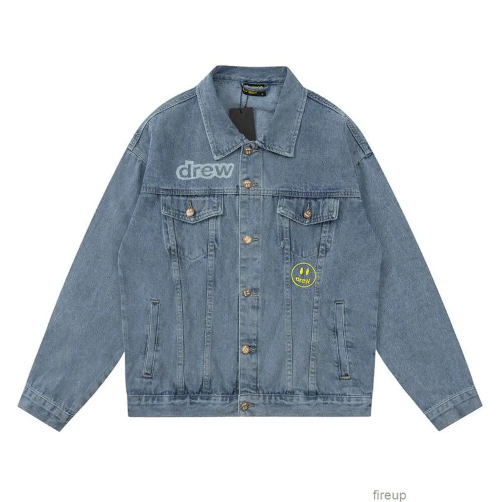 Washed Drew Smiley Denim Jackets - Unisex Loose Casual