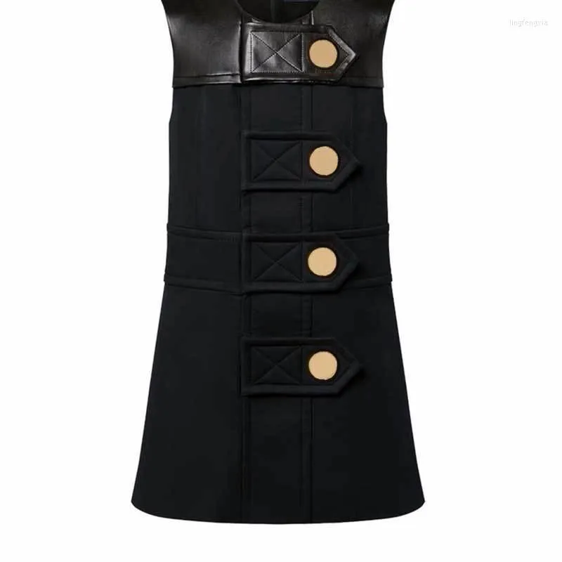Casual Dresses 23SS Chic Black Vest Dress Fashion Runway Single Breasted Round Neck Collated Leather Sleeveless Short Women kläder