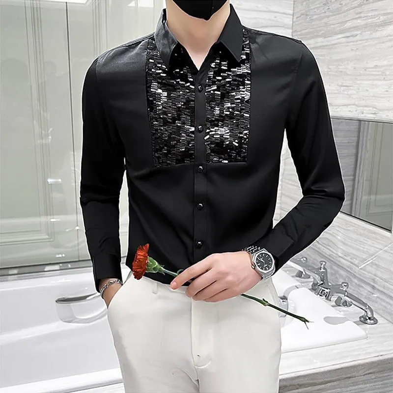 Hommes chemises décontractées paillettes Chemise Homme De Luxe mode à manches longues discothèque Blouse hommes fête bal noir blanc smoking Streetwear