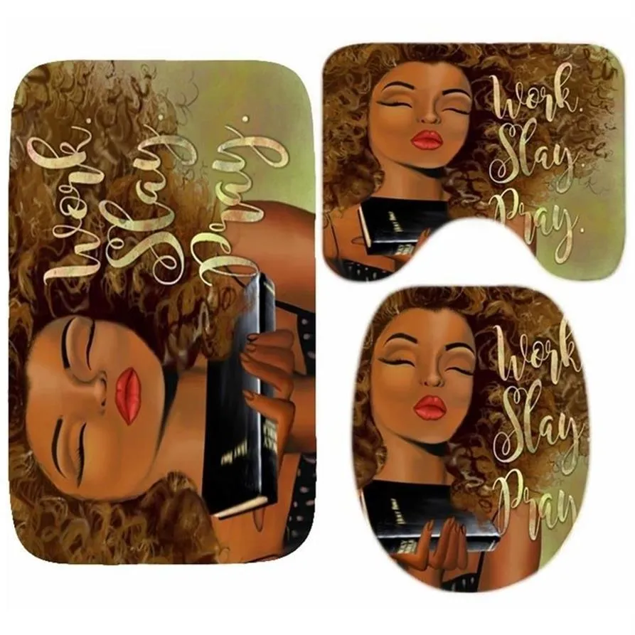 African American Shower Curtain Set Black Girl Work Slay Pray Bathroom Curtain Bath Mat Rug Carpet Toilet Inspiration Home Decor 2252B