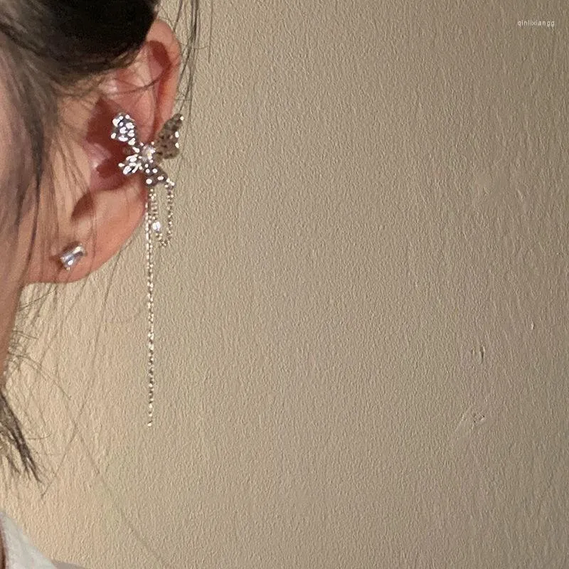 Backs Earrings Luxury Butterfly Long Tassel Without Pierced Ear Cuff For Women Girl Fashion Sparkling Zircon Clip Jewelry 2023
