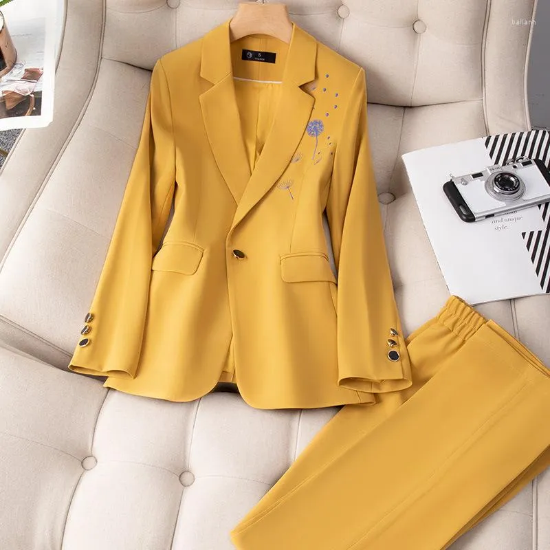 Kvinnors tvåbitar byxor Kvinnor Formell kostym Fashion Pantsuit Simple Solid Color Yellow Red Black Long Sleeve Blazer och byxkontor