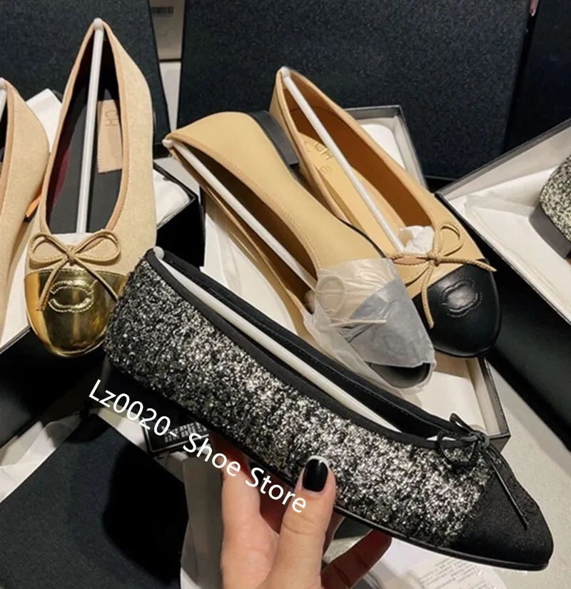 Designer Leather Tweed Cloth Ballet Ballerina Shoes For Women Pink Black And White With Two Color Splice Bow Round Head Nude Color Formal Dress Ballerina Shoes By A Top Brand From Lz0020