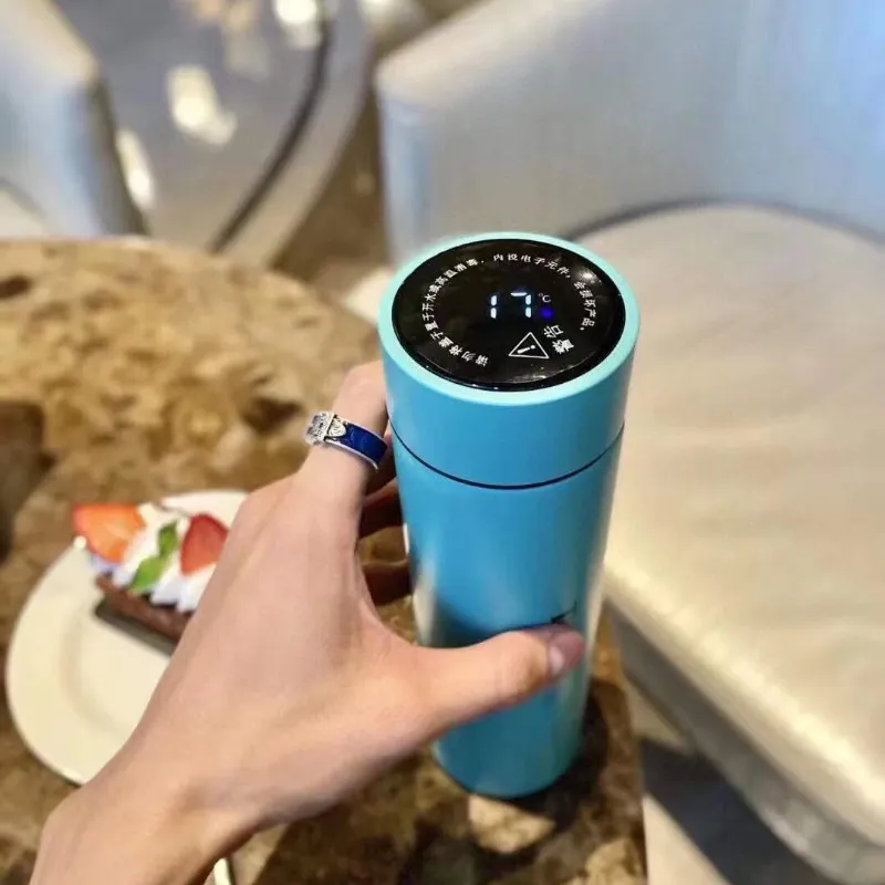Designer Water Bottle with Gift Box Cyan Smart Temperature Display 304 Stainless Steel Cup Creative Business Cup Gifts
